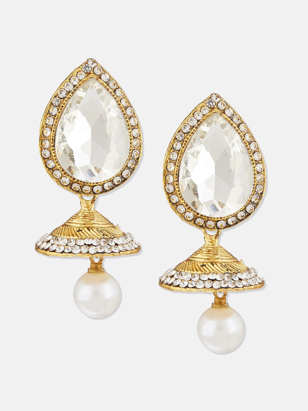ATIBELLE Gold Plated Crystal-Studded & Pearl Beaded Drop Earrings