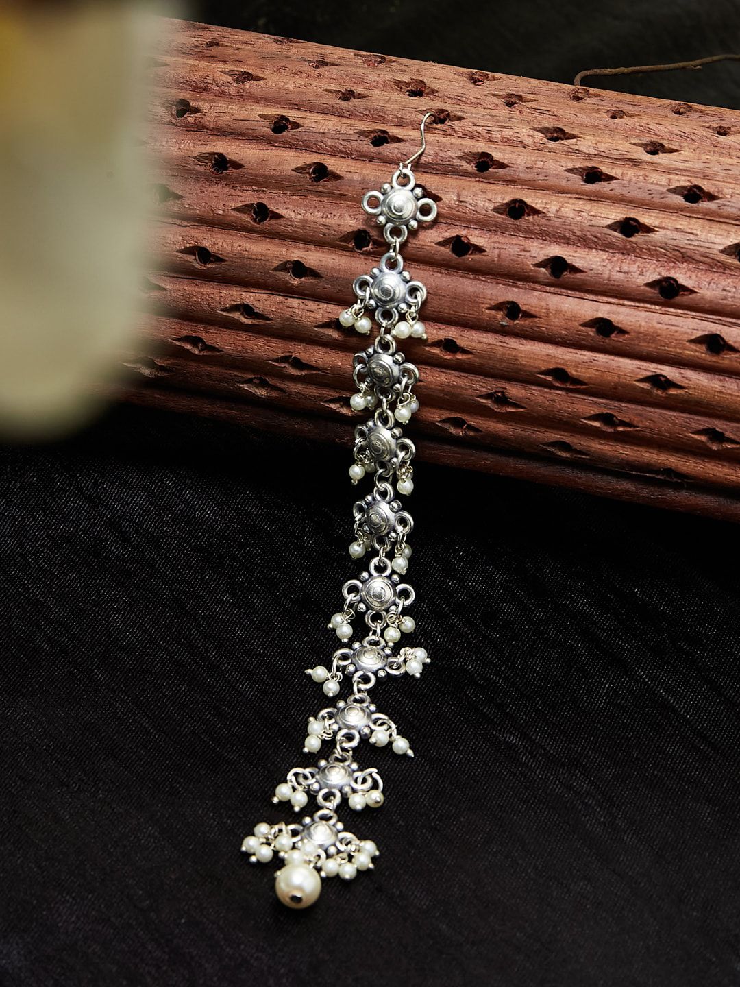 ATIBELLE German Silver Plated & Layered Floral Shaped Pearl Beaded Maangtikka