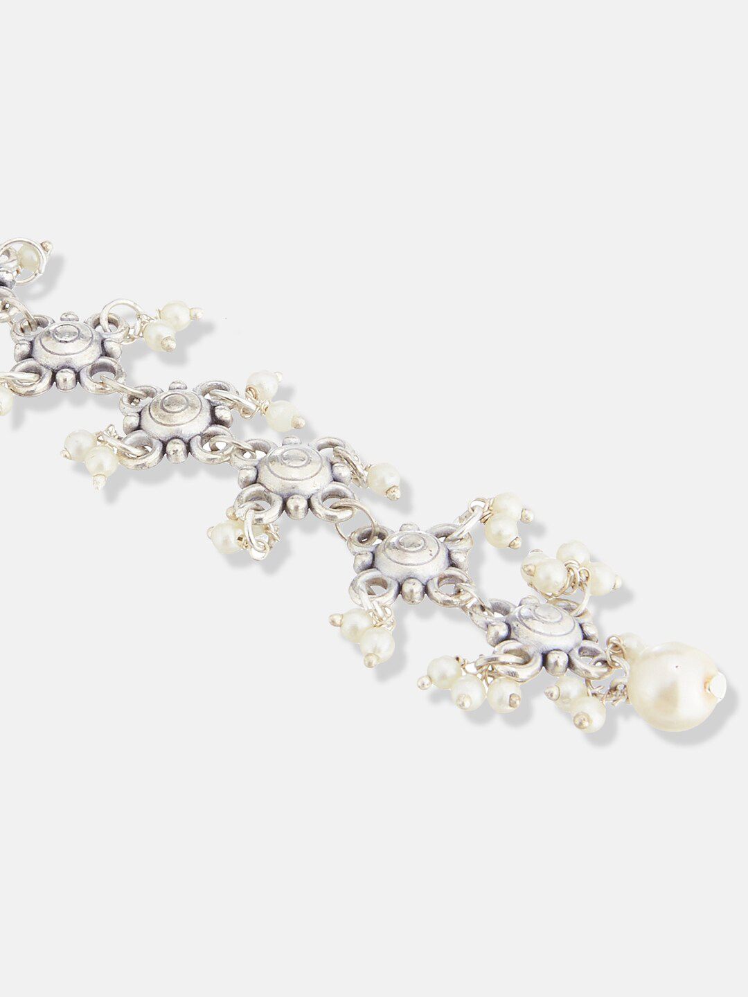 ATIBELLE German Silver Plated & Layered Floral Shaped Pearl Beaded Maangtikka