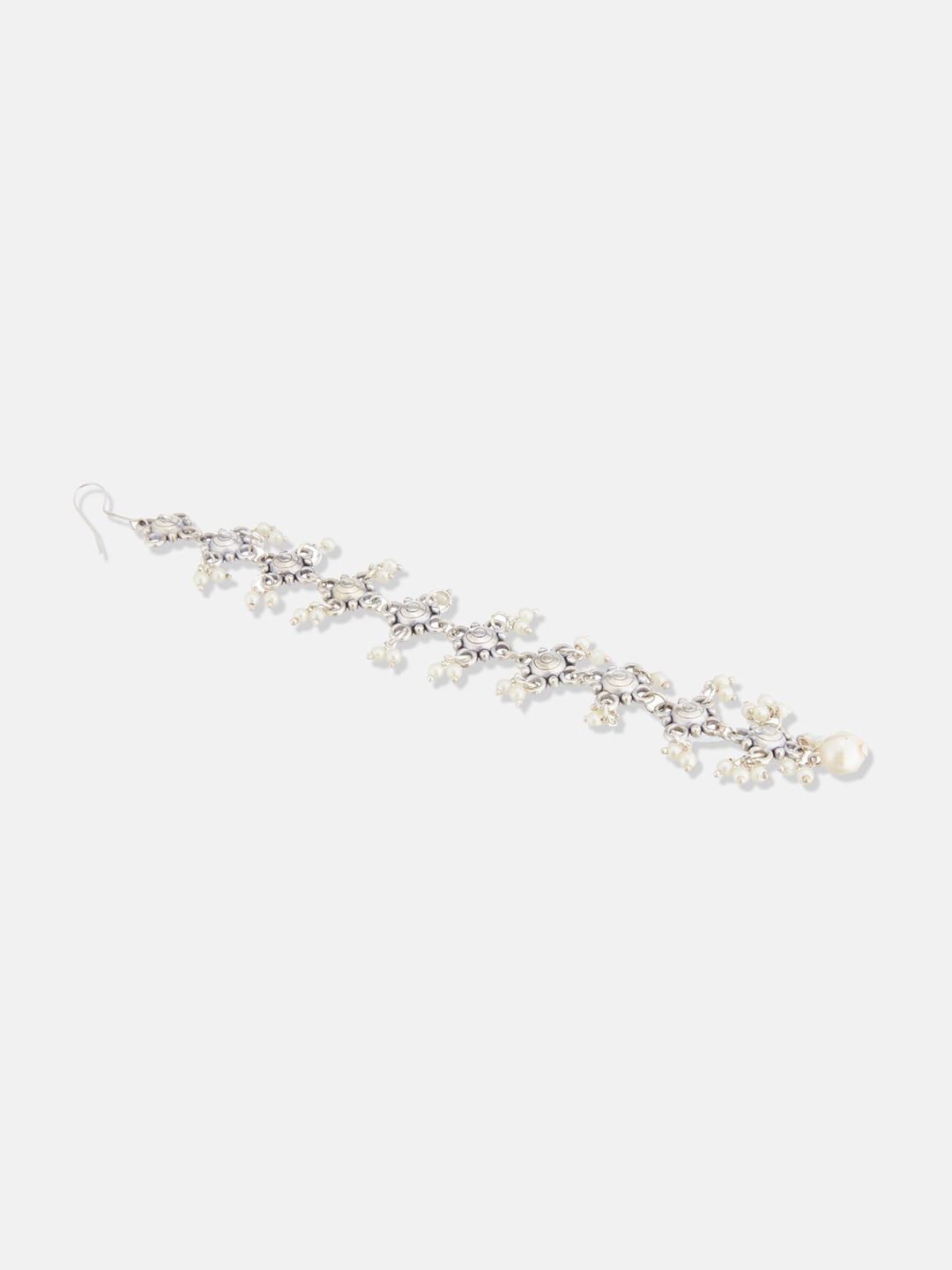 ATIBELLE German Silver Plated & Layered Floral Shaped Pearl Beaded Maangtikka