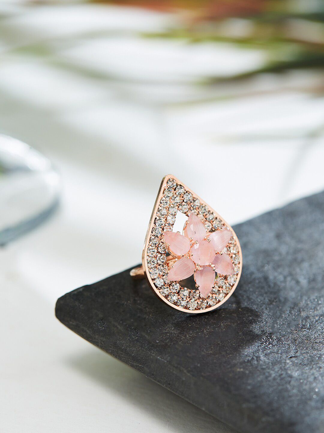 ATIBELLE Rose Gold Plated CZ-studded Adjustable Finger Ring