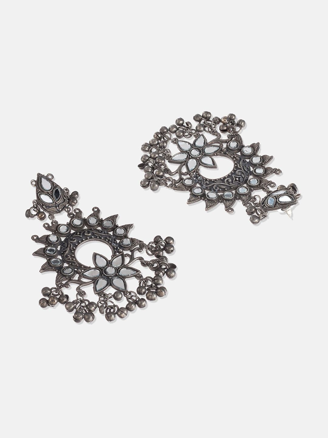 ATIBELLE German Silver-Plated  Mirror Ghunghroo Stone-Studded Floral Chandbalis