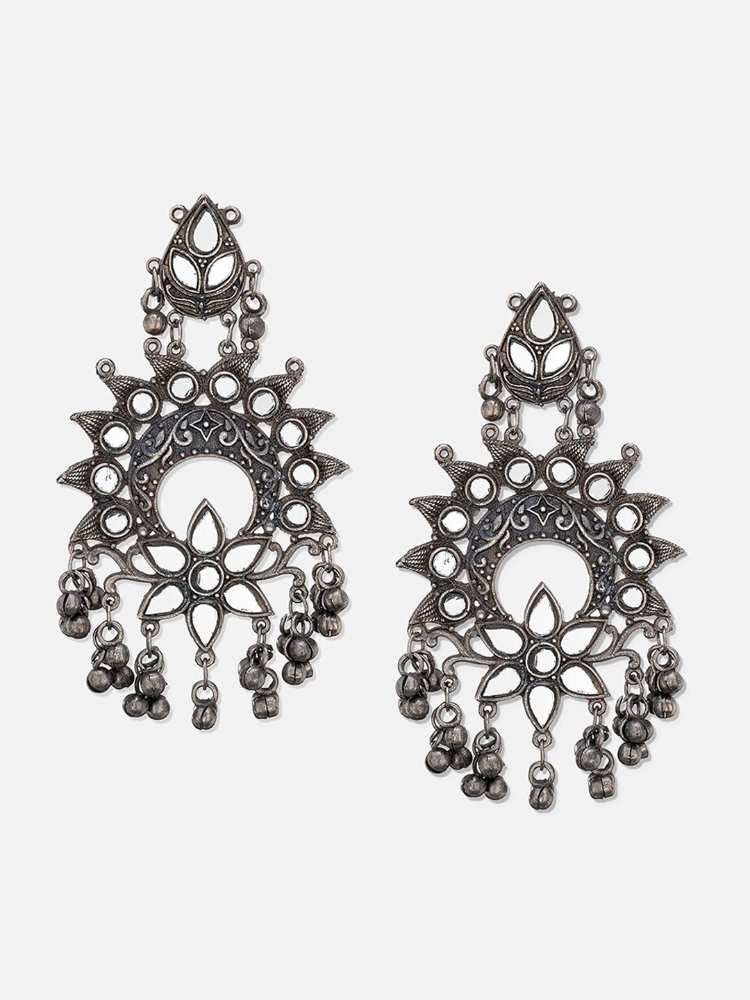 ATIBELLE German Silver-Plated  Mirror Ghunghroo Stone-Studded Floral Chandbalis