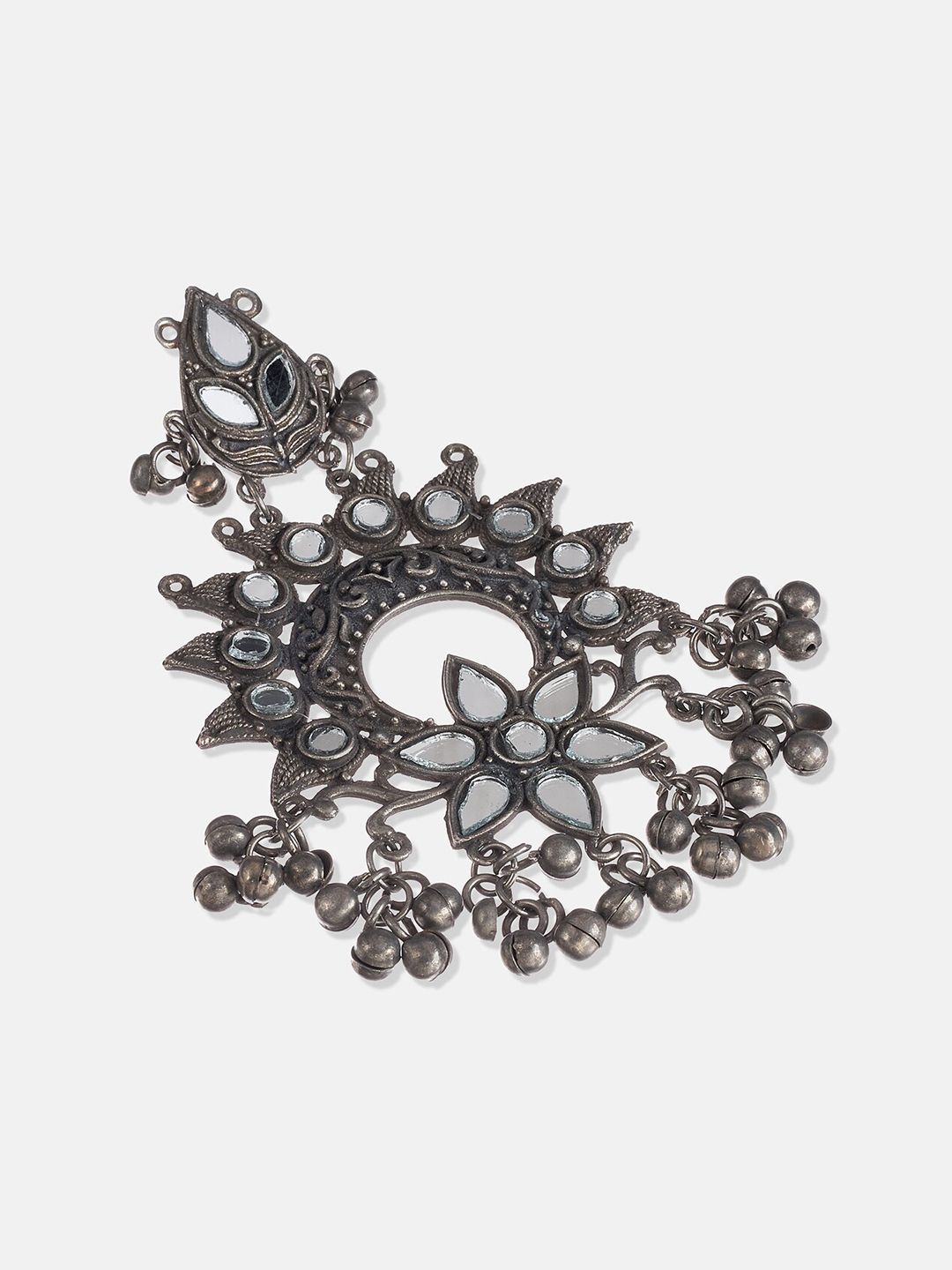 ATIBELLE German Silver-Plated  Mirror Ghunghroo Stone-Studded Floral Chandbalis