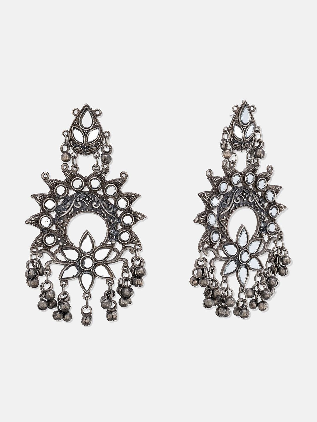ATIBELLE German Silver-Plated  Mirror Ghunghroo Stone-Studded Floral Chandbalis