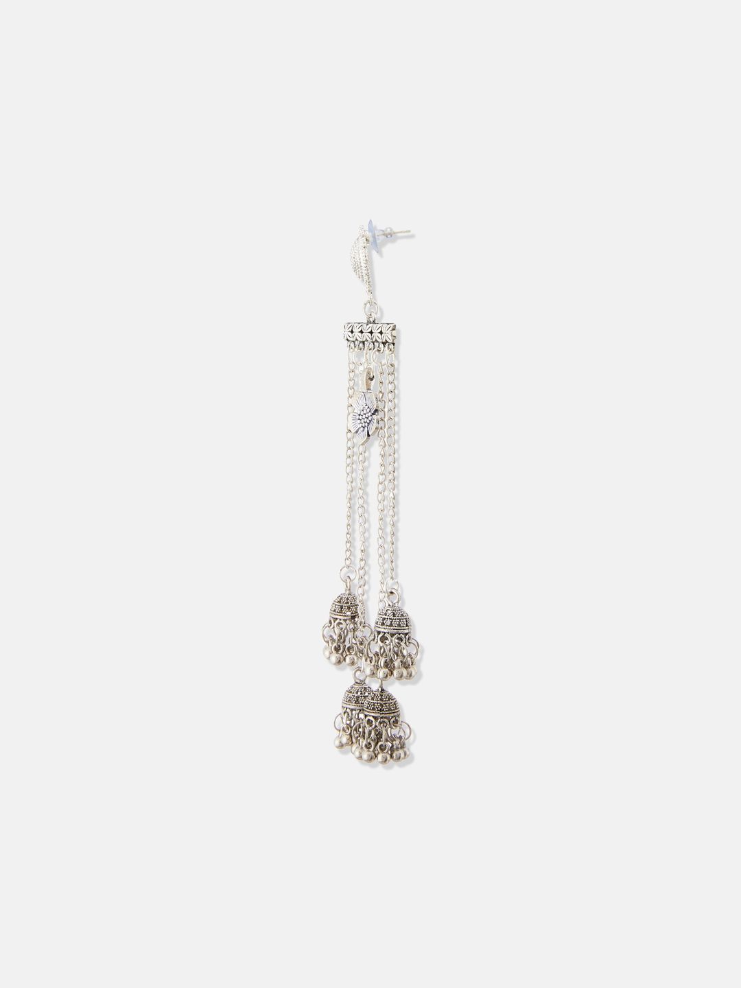 ATIBELLE German Silver Plated & Floral Textured Tasselled Dome Shaped Jhumkas