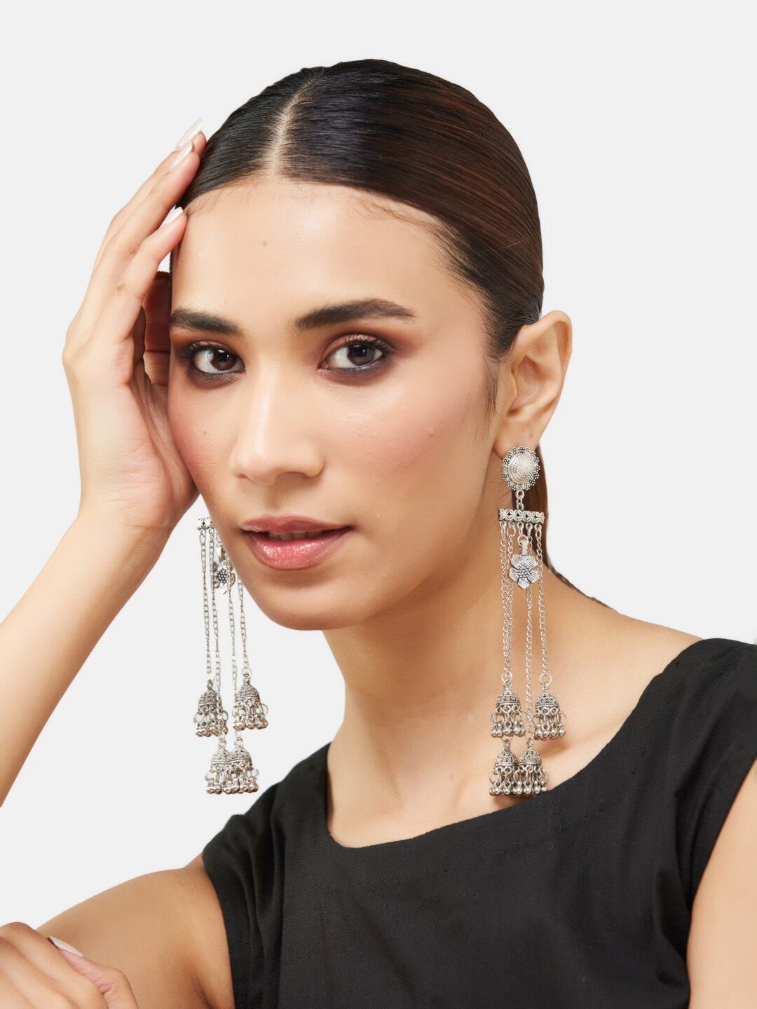 ATIBELLE German Silver Plated & Floral Textured Tasselled Dome Shaped Jhumkas