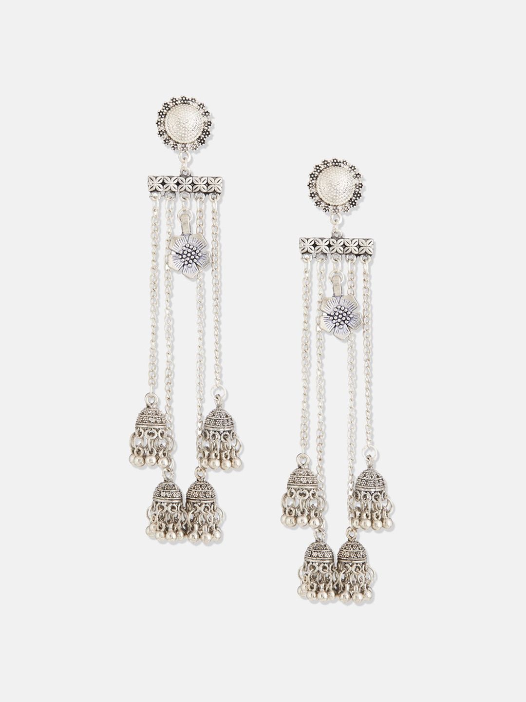 ATIBELLE German Silver Plated & Floral Textured Tasselled Dome Shaped Jhumkas