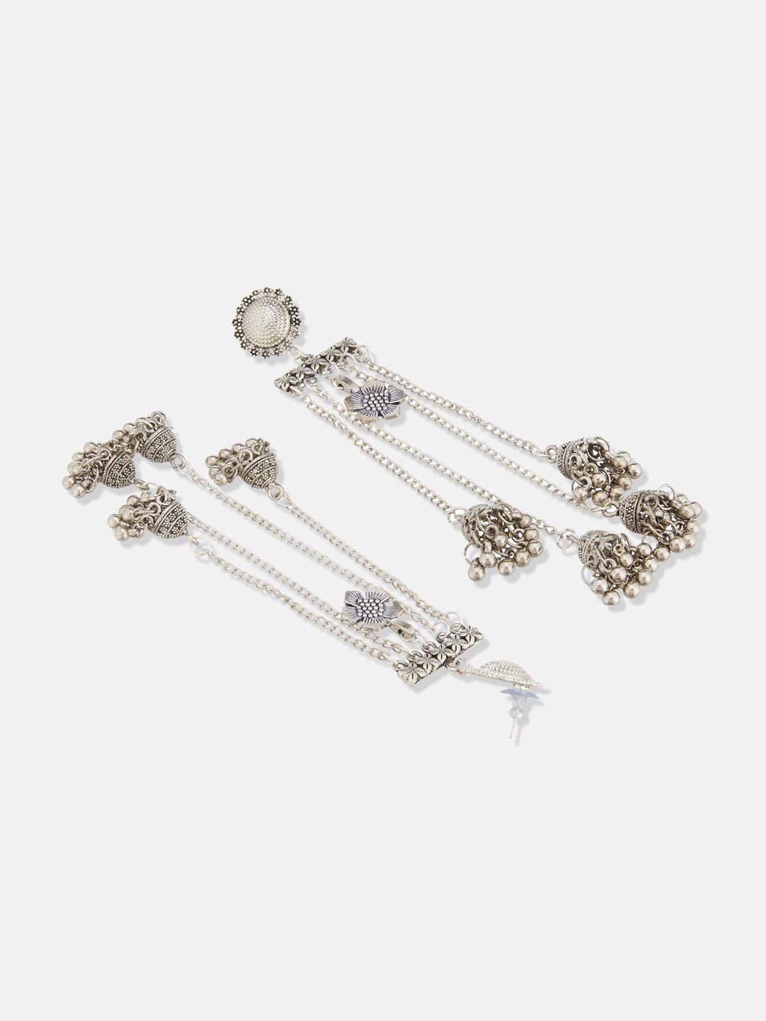 ATIBELLE German Silver Plated & Floral Textured Tasselled Dome Shaped Jhumkas