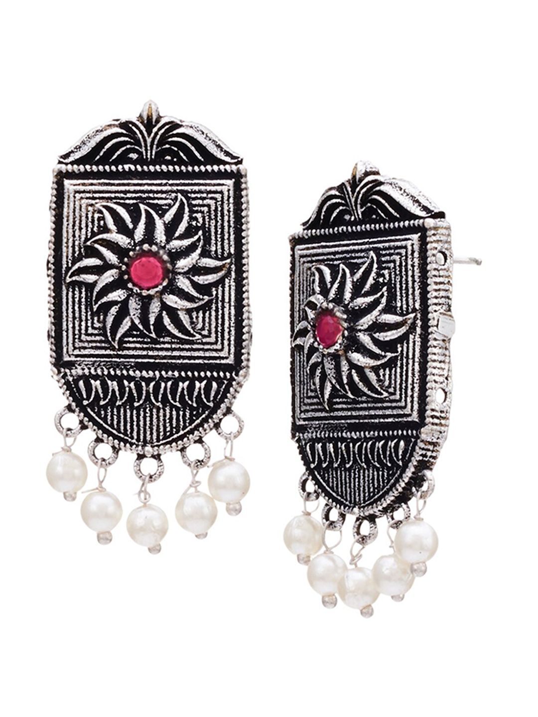ATIBELLE German Silver-Plated Stone-Studded & Beaded Floral Shaped Stud Earrings