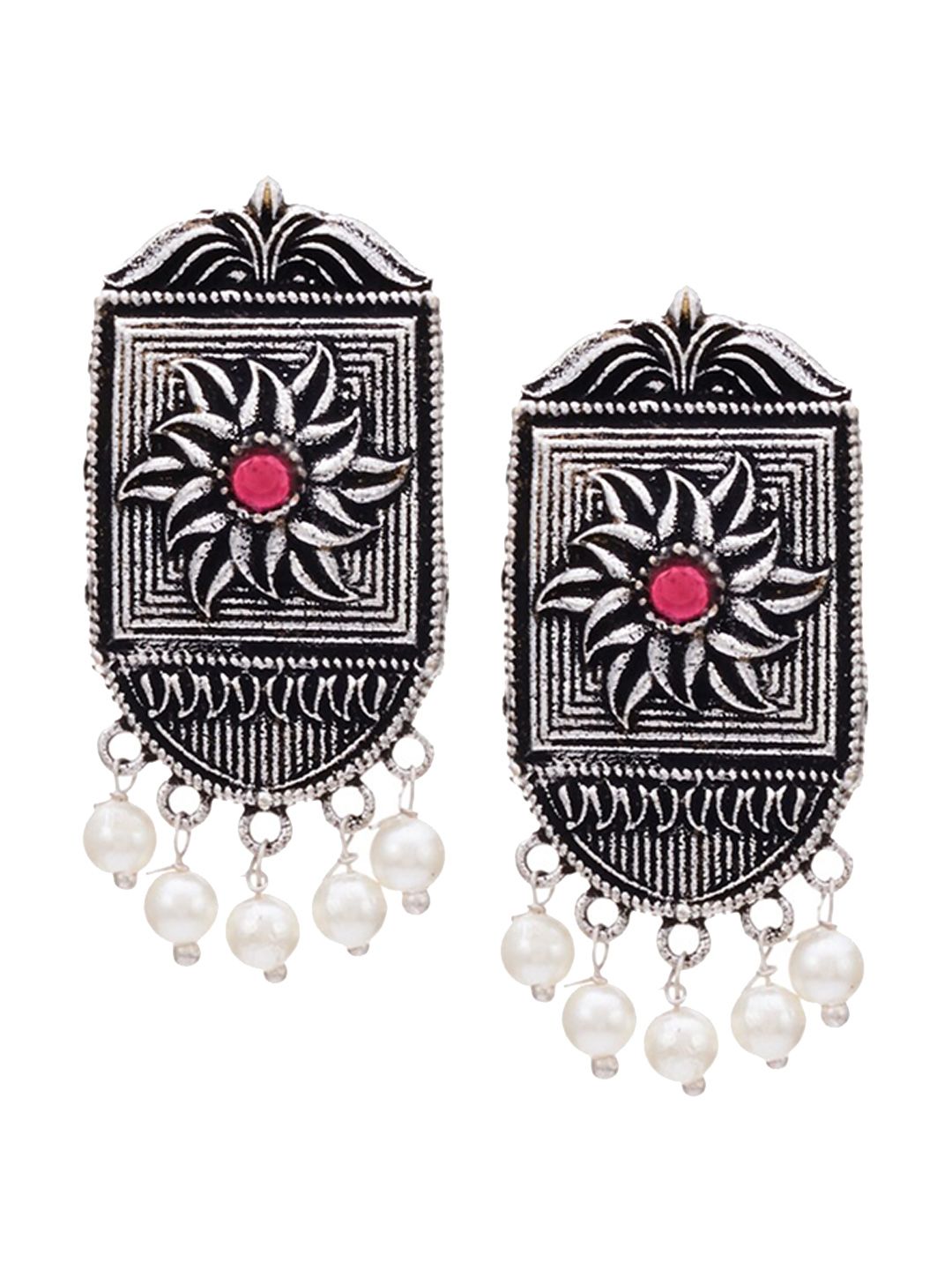 ATIBELLE German Silver-Plated Stone-Studded & Beaded Floral Shaped Stud Earrings