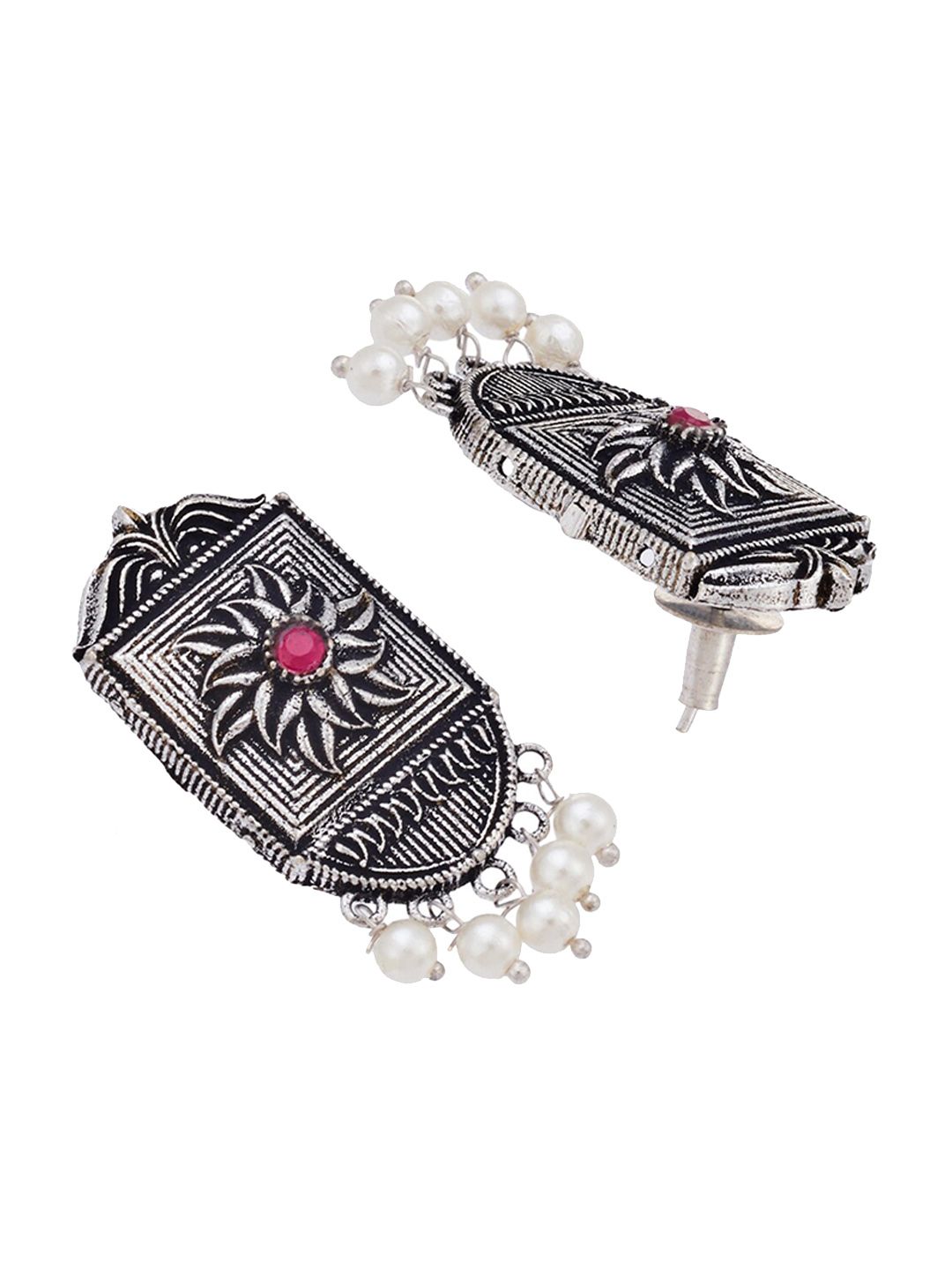 ATIBELLE German Silver-Plated Stone-Studded & Beaded Floral Shaped Stud Earrings
