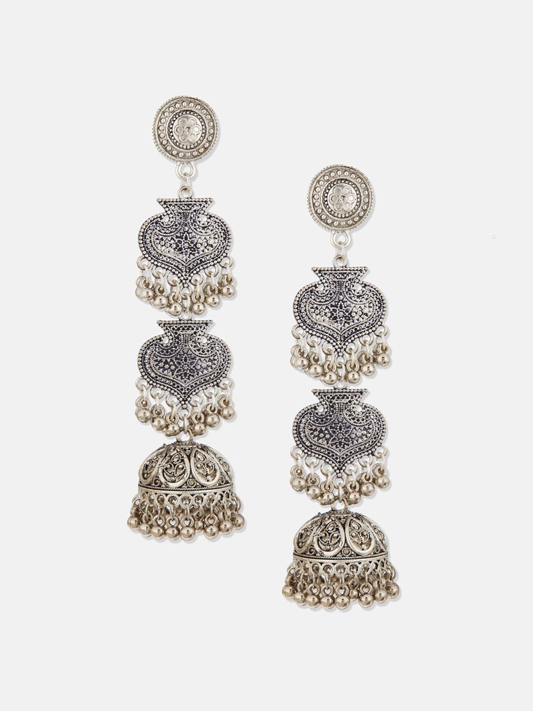 ATIBELLE German Silver Plated & Floral Textured-Layered Dome Shaped Jhumkas