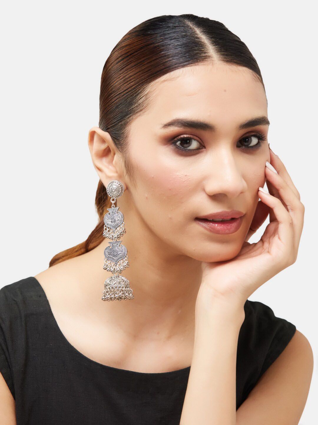 ATIBELLE German Silver Plated & Floral Textured-Layered Dome Shaped Jhumkas