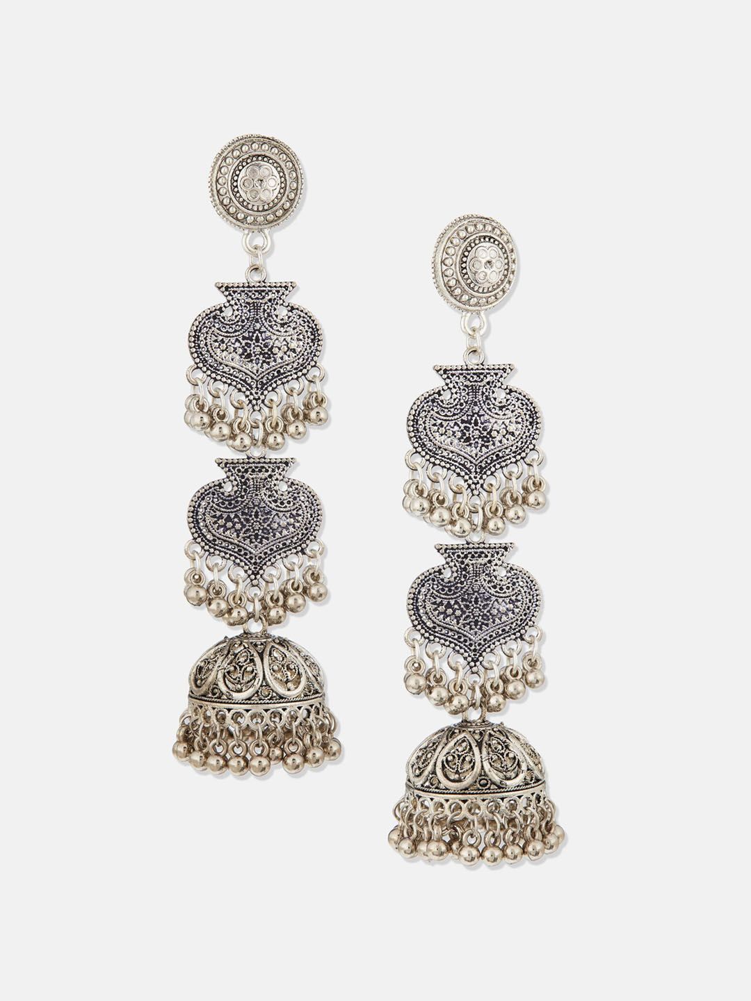 ATIBELLE German Silver Plated & Floral Textured-Layered Dome Shaped Jhumkas