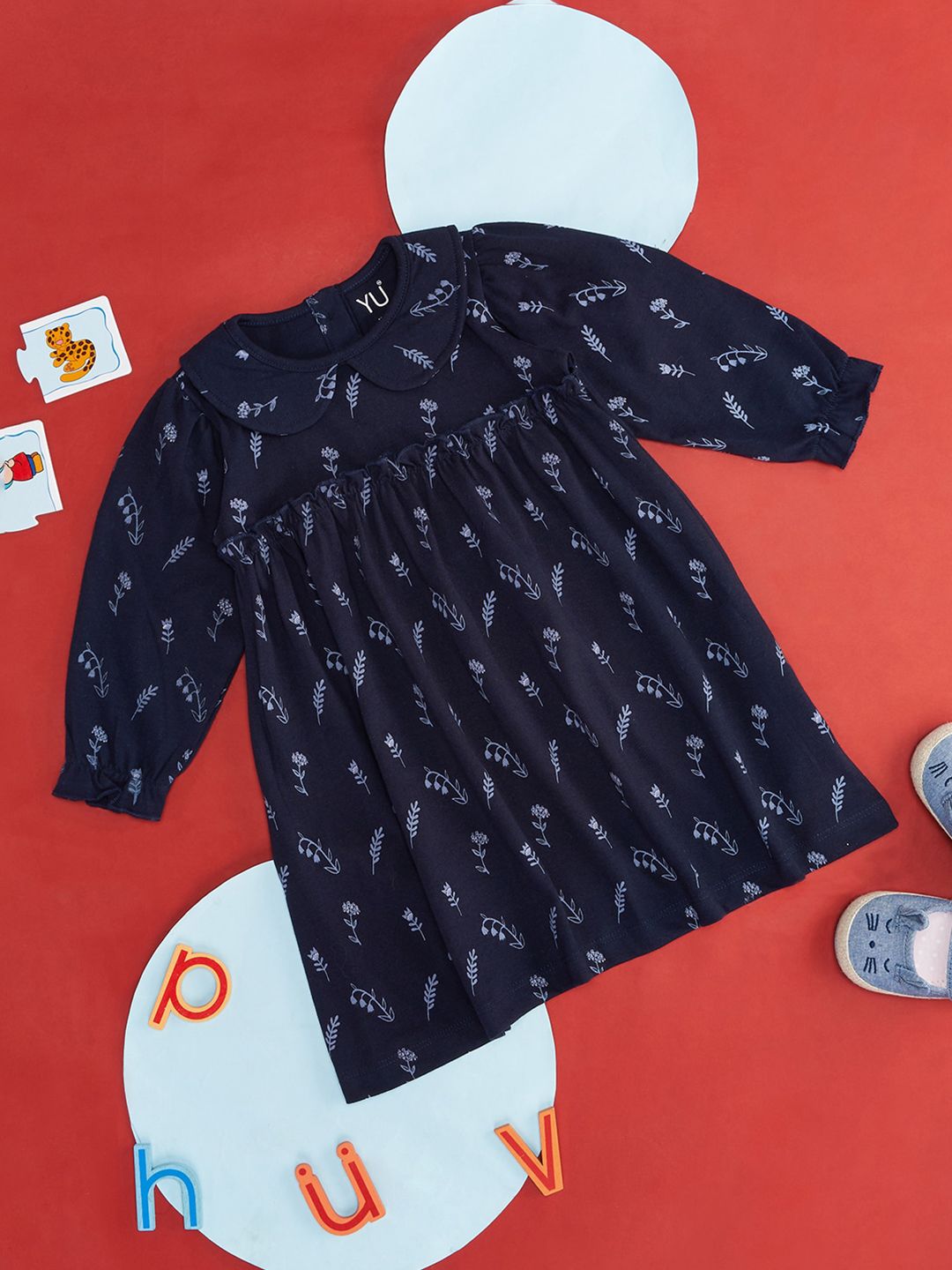 YU by Pantaloons Girls Floral Printed Peter Pan Collar Ruffles Cotton Fit & Flare Dress-picture-39