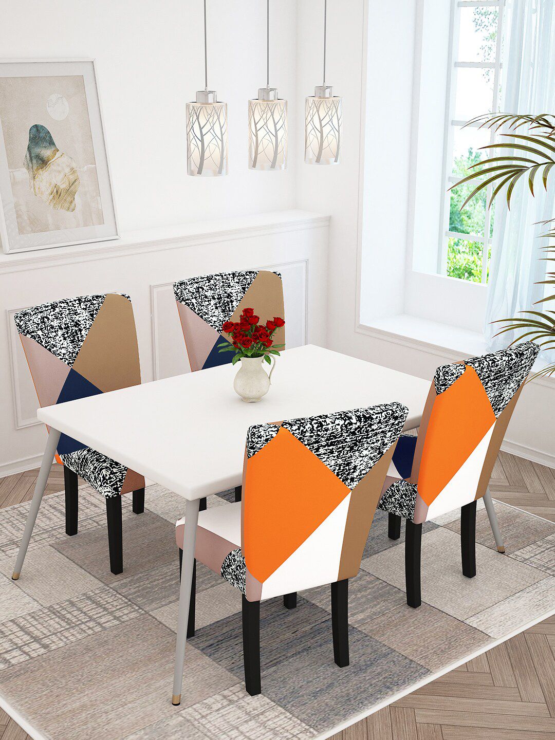 Story@home Grey 4 Pieces Geometric Printed Chair Covers-picture-14