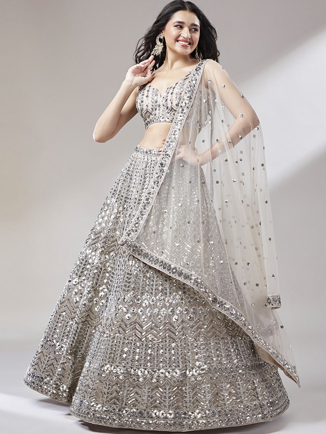 panchhi Beige Embroidered Shoulder Straps Lehenga & Unstitched Blouse With Dupatta-picture-13