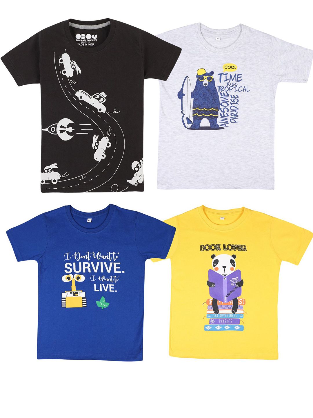 OBOW Boys Pack Of 4 Graphic Printed Bio Finish Pure Cotton T-Shirts-picture-23