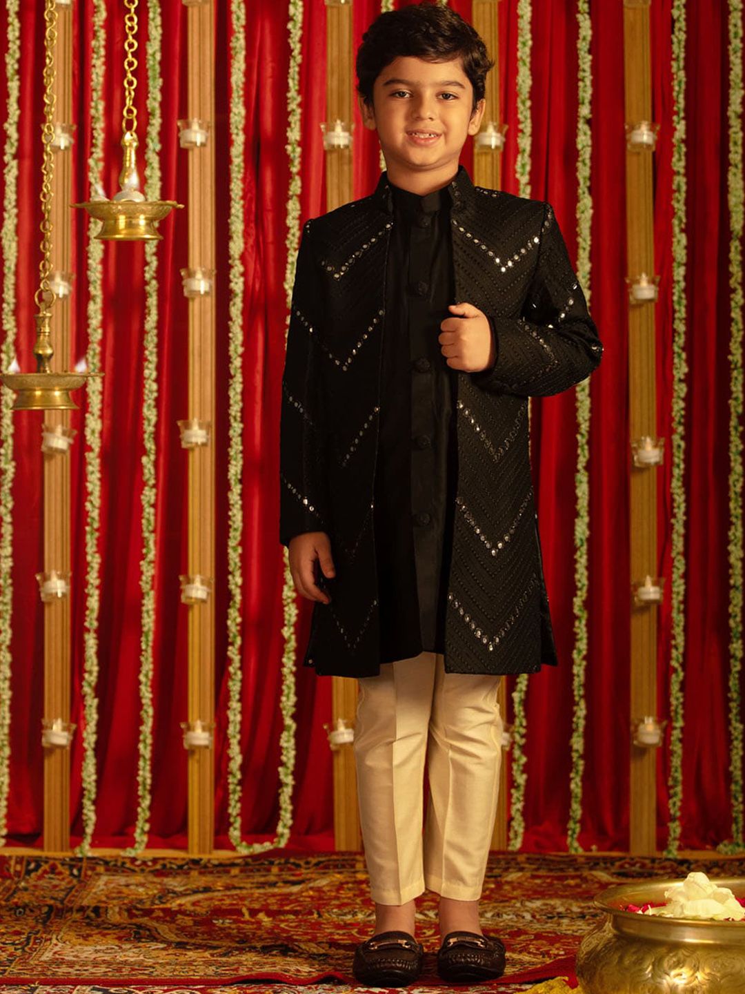 VASTRAMAY Boys Mirror Work Sherwani Over Kurta Pyjama-picture-55