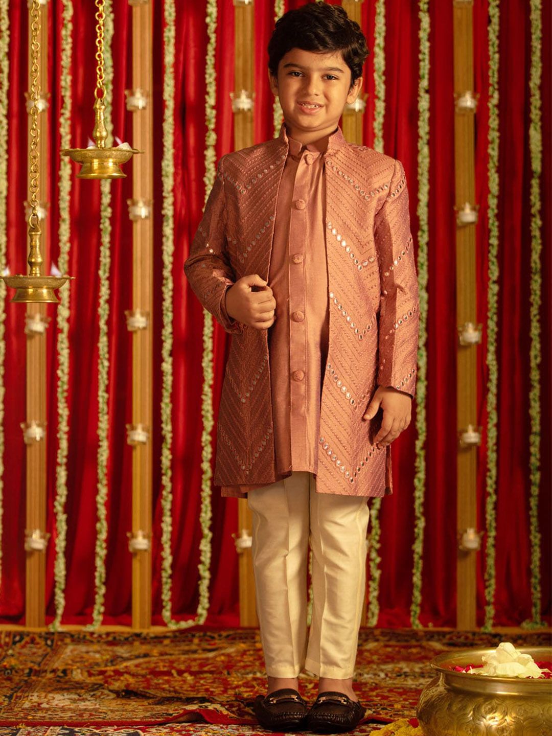 VASTRAMAY Boys Mirror Work Sherwani Over Kurta Pyjama-picture-18