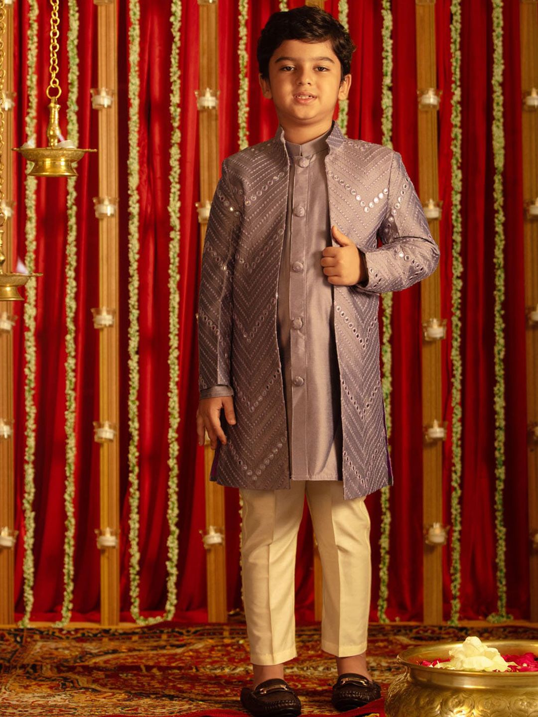 VASTRAMAY Boys Mirror Work Sherwani Over Kurta Pyjama-picture-39