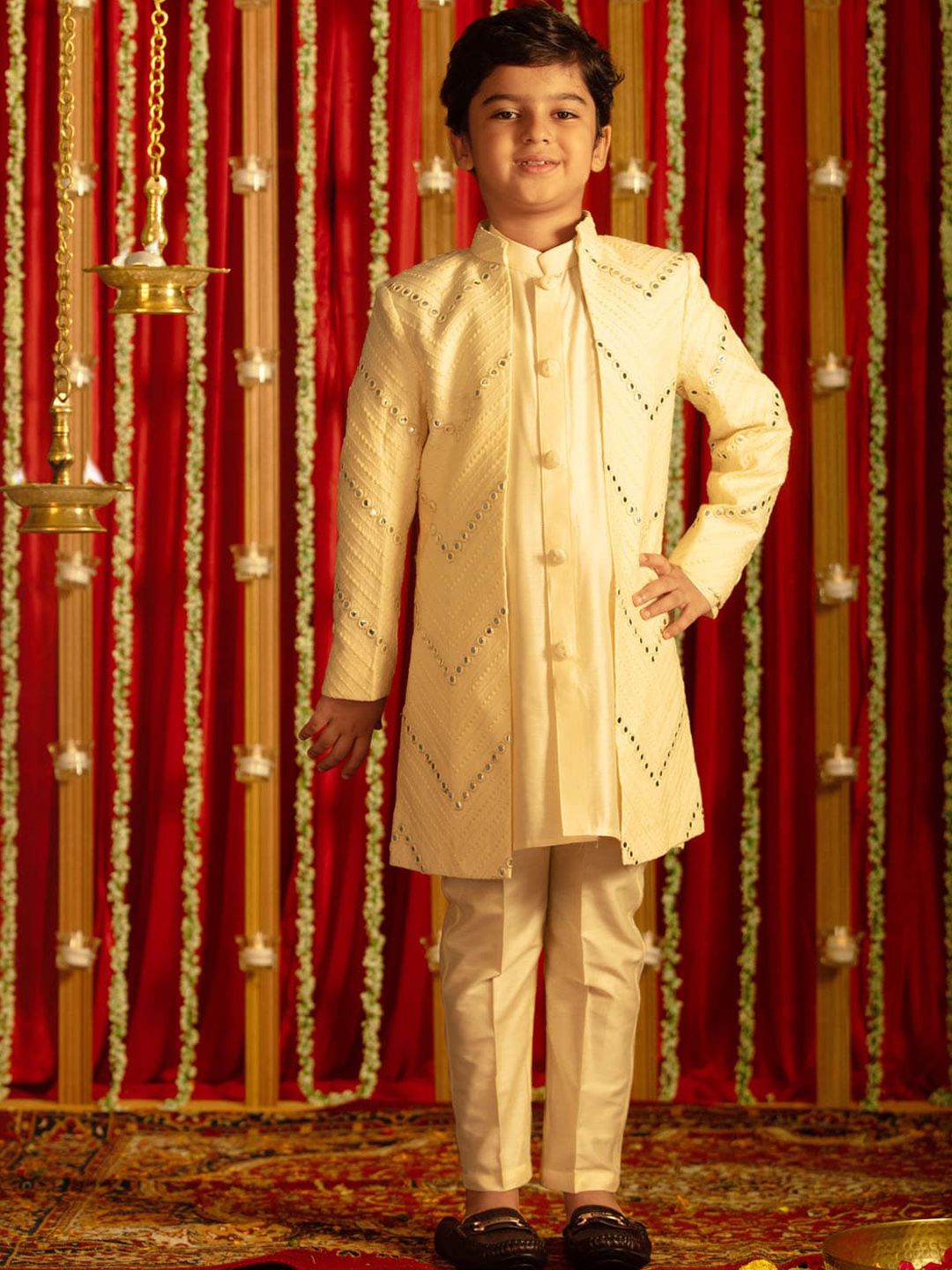VASTRAMAY Boys Mirror Work Cotton Sherwani Over Kurta Pyjama-picture-49