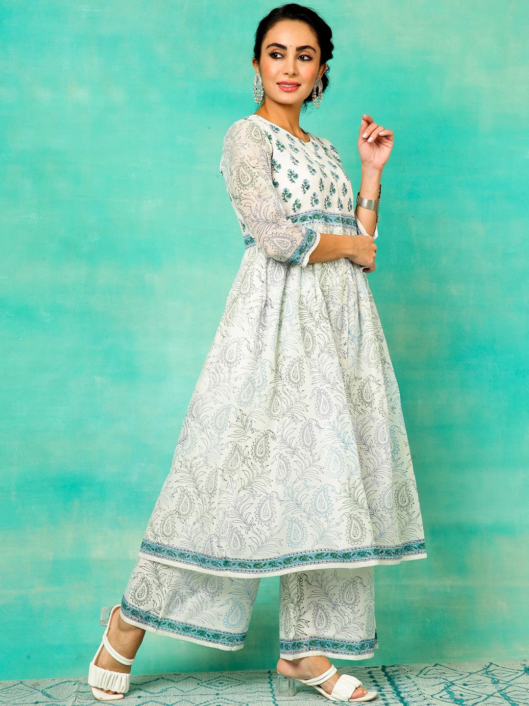Anouk Ethnic Printed Chanderi Silk Straight Kurta With Palazzos