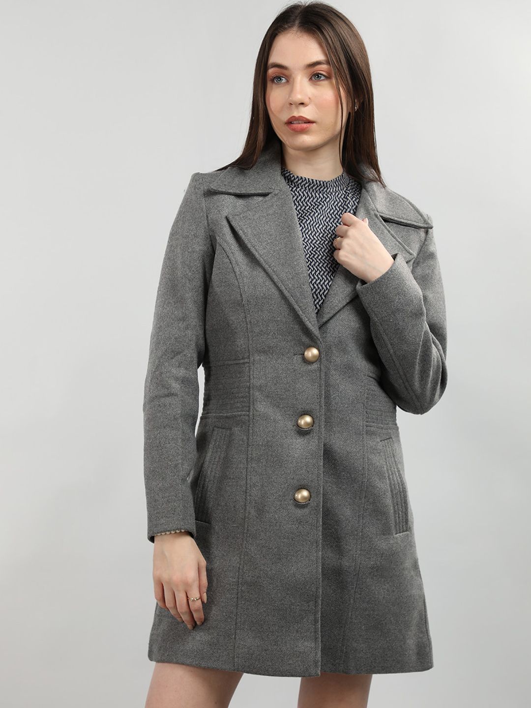 Solid High Neck Polyester Women's Coat