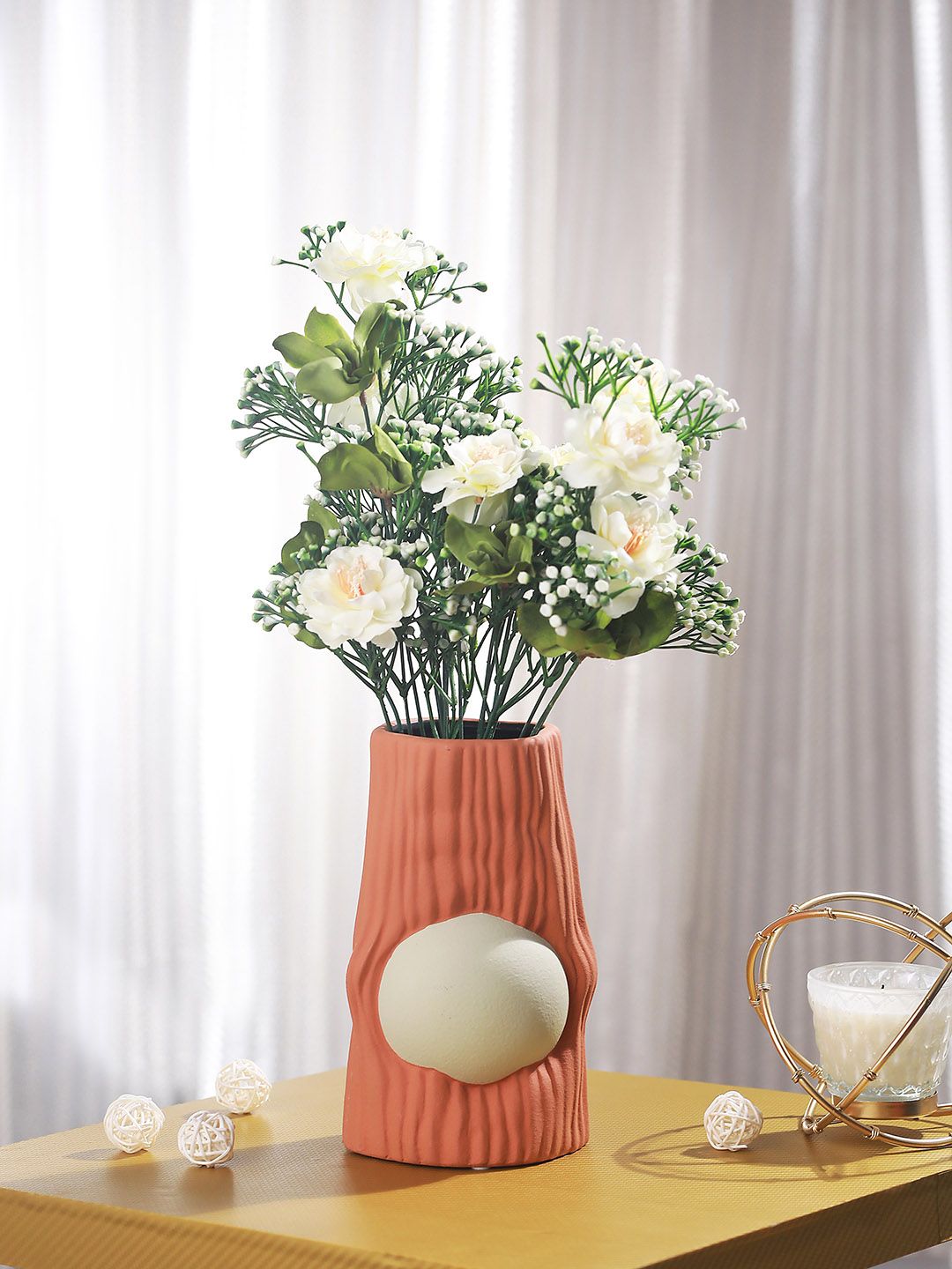 TIED RIBBONS Peach-Coloured & White Textured Antique Ceramic Flower Vase-image-8