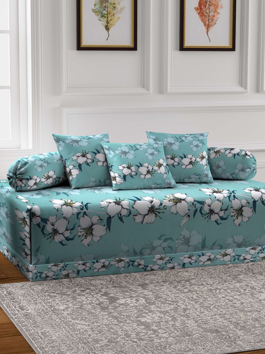 Arrabi Green & White 6 Pieces Floral-Printed Diwan Set-picture-19