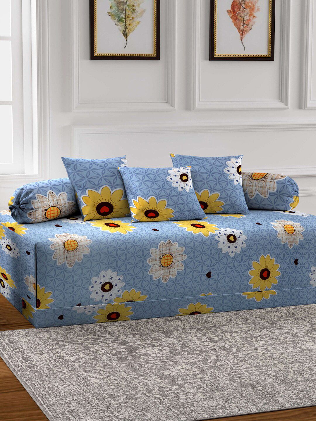 Arrabi Grey & Blue 6 Pieces Floral-Printed Diwan Set-picture-13