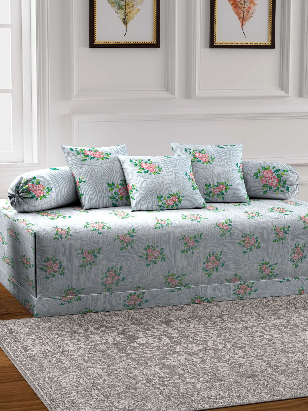Arrabi Grey & Pink 6 Pieces Floral Printed Diwan Set-picture-12