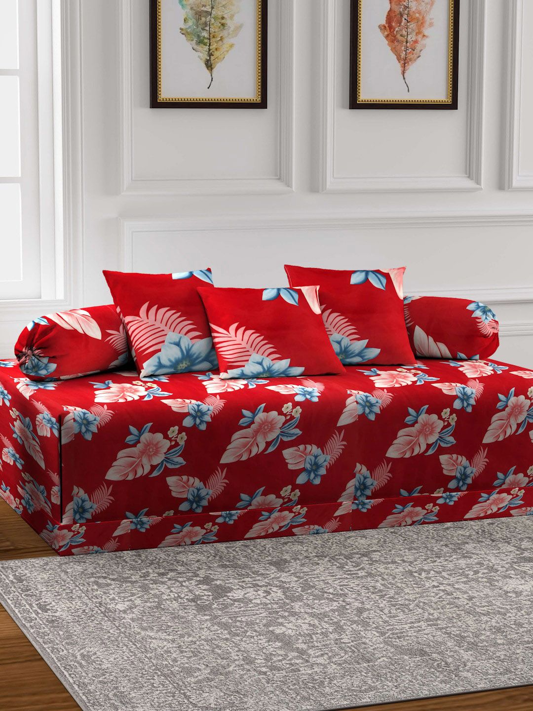 Arrabi Red & Blue 6 Pieces Floral-Printed Diwan Set-picture-20