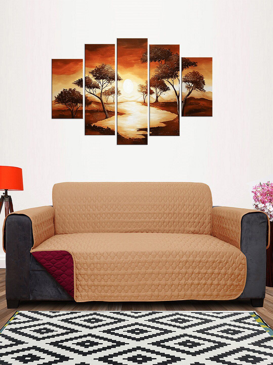 DREAM CARE Beige & Maroon 3 Layer Soft Quilted Reversible 4-Seater Sofa Cover-picture-11