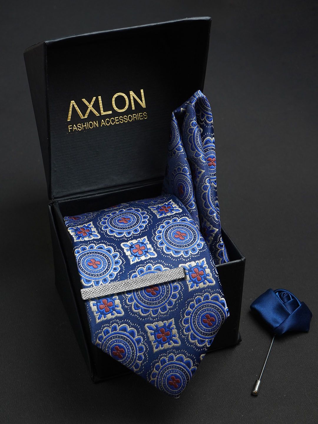 AXLON Men Woven Design Tie With Pocket Square, Tie Clip & Flower Pin-picture-8