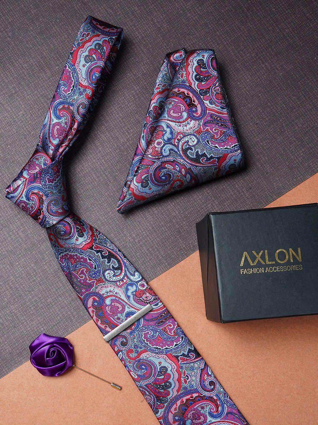 AXLON Men Paisley Woven Design Tie With Pocket Square, Tie Clip & Flower Pin-picture-7