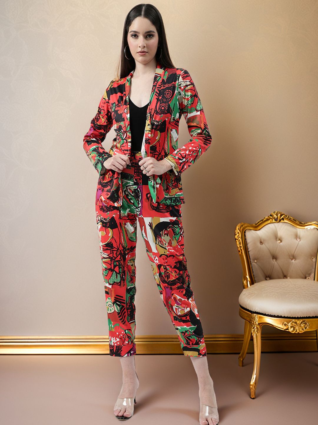 Zima Leto Printed Shawl Neck Coat with Trouser