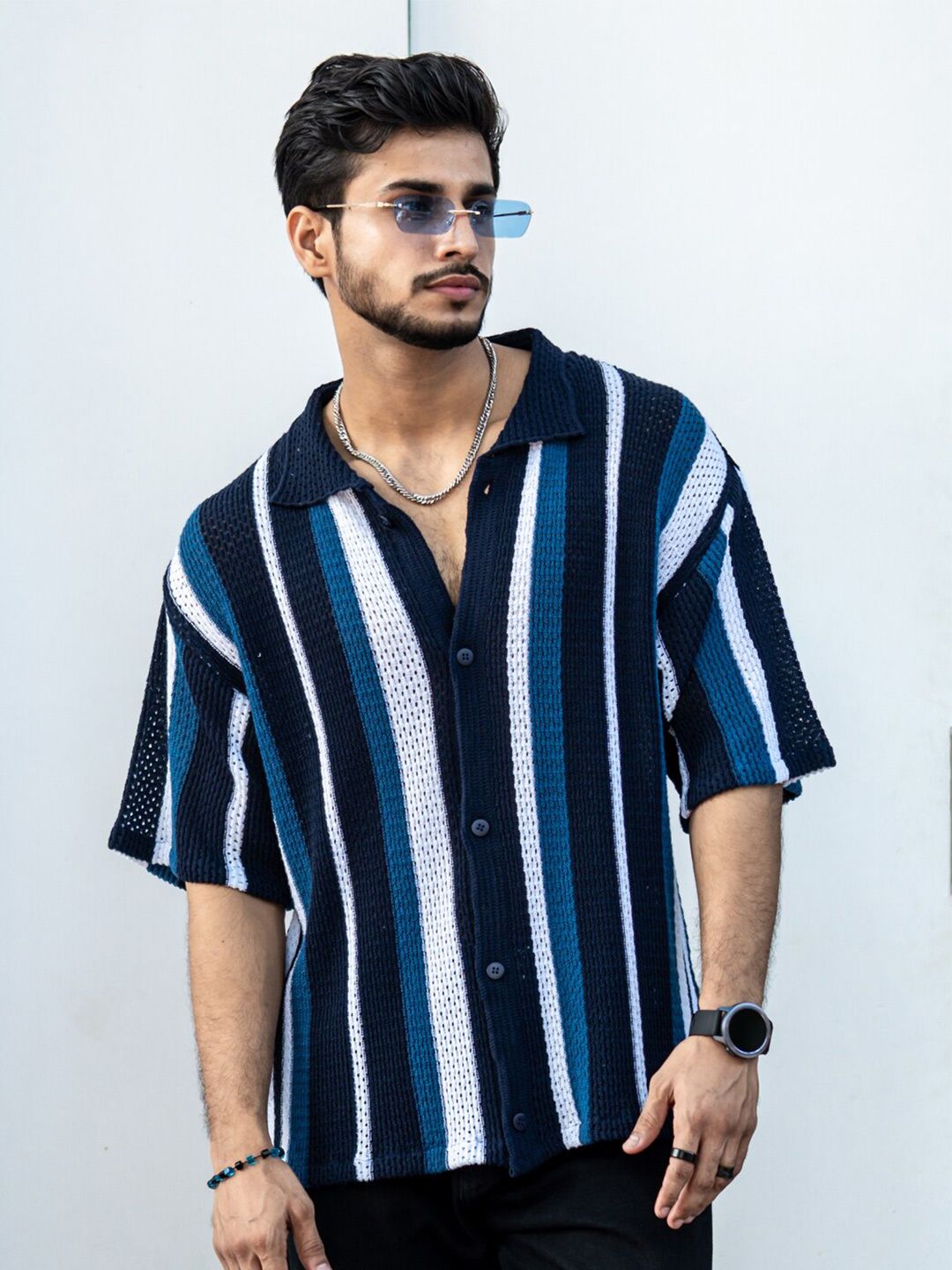 Powerlook Navy Blue & Teal India Slim Striped Oversized Casual Crochet Shirt