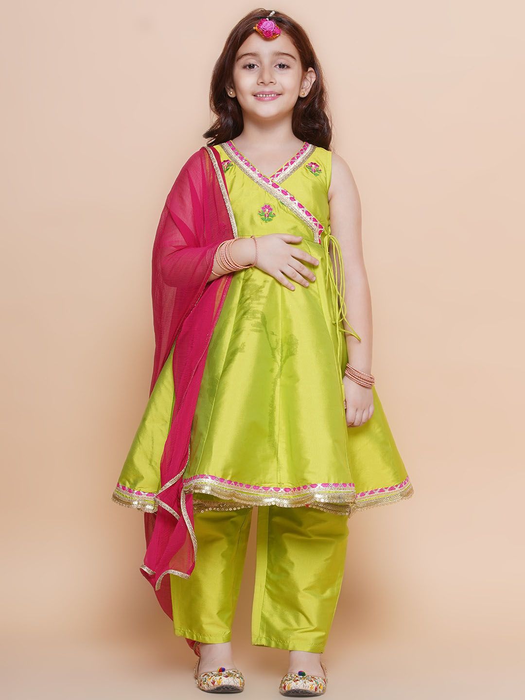 Bitiya by Bhama Girls Floral Embroidered Angrakha Anarkali Kurta & Trousers With Dupatta-picture-28