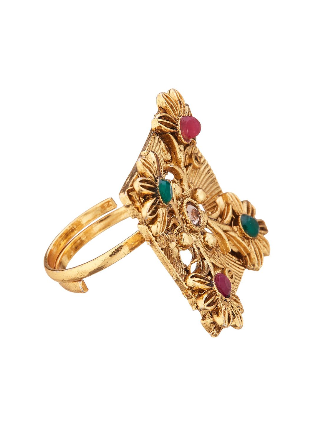 ATIBELLE Set Of 2 Gold-Plated Stone Studded Adjustable Finger Rings