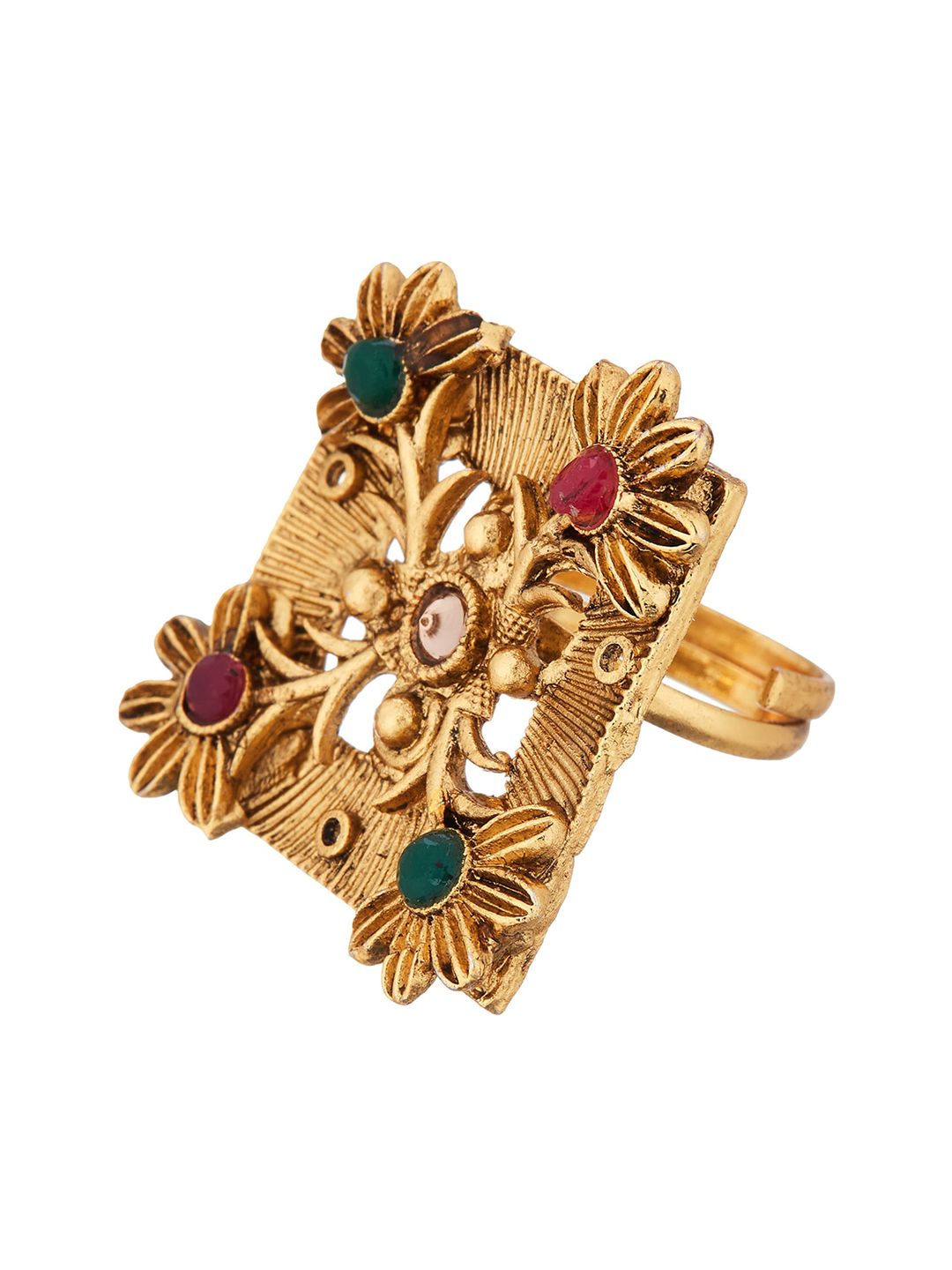 ATIBELLE Set Of 2 Gold-Plated Stone Studded Floral Shaped Finger Ring