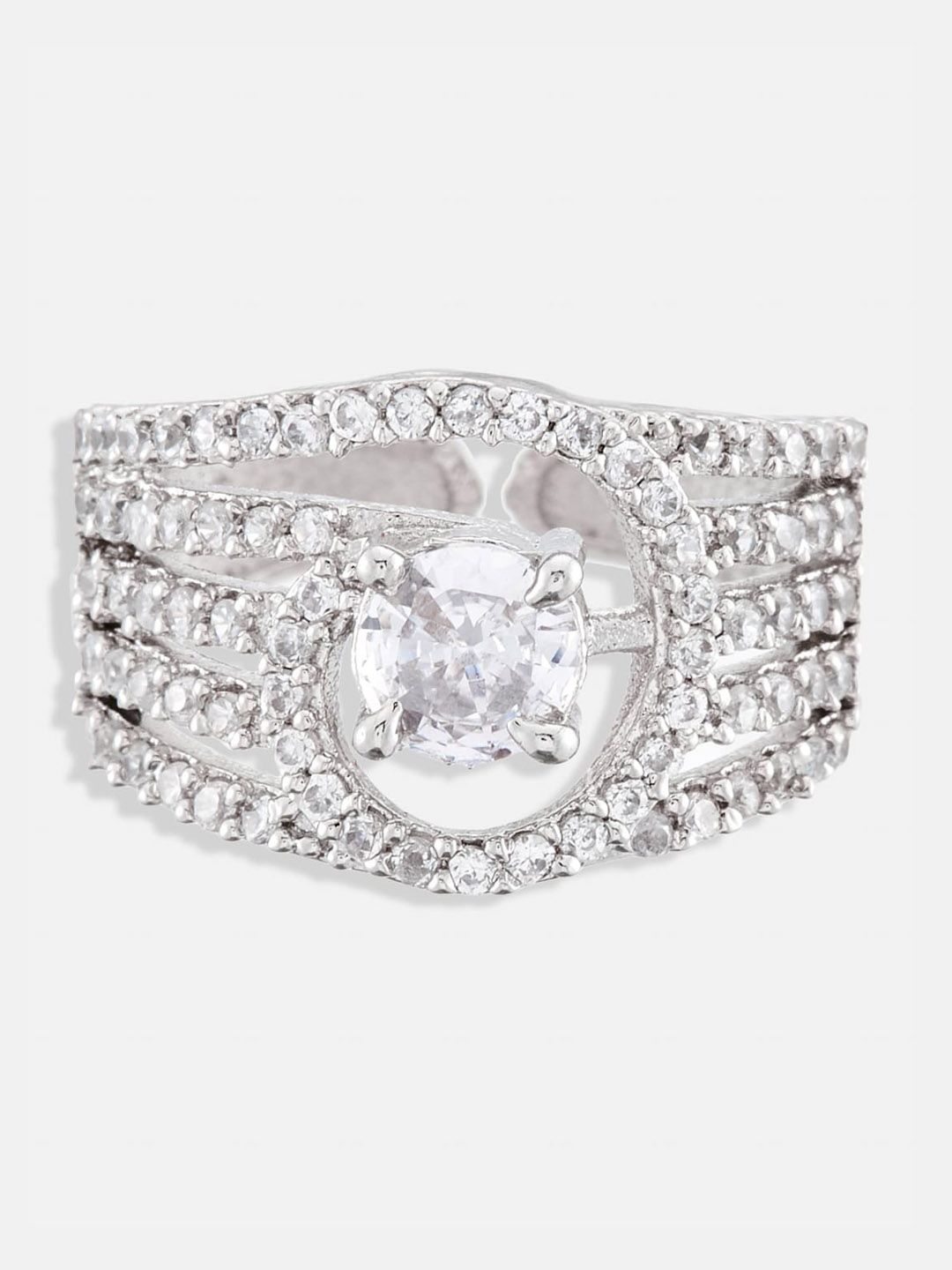 ATIBELLE Set Of 2 Silver-Plated Cubic Zirconia-Studded Finger Rings