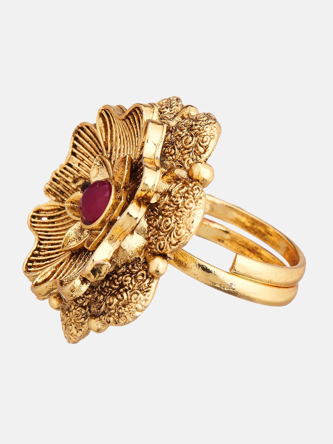 ATIBELLE Set Of 2 Gold-Plated Cubic Zirconia-Studded Floral Shaped Finger Rings