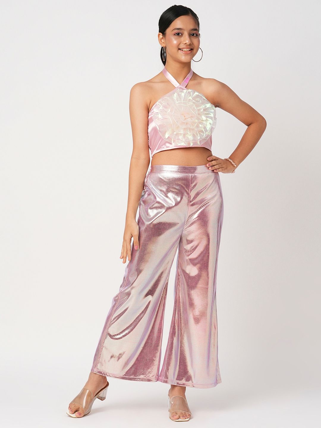 LIL DRAMA Girls Self Design Halter Neck Sleeveless Crop Top With Palazzos-picture-17