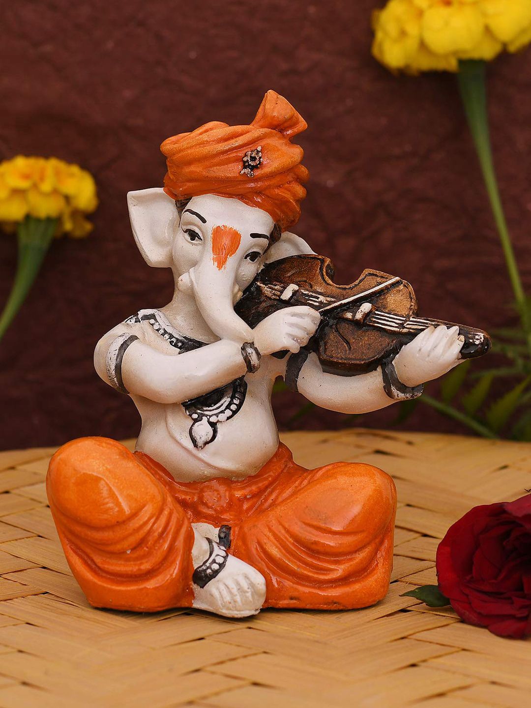 CraftVatika Orange & White Ganesha Polyresin Idol Showpiece