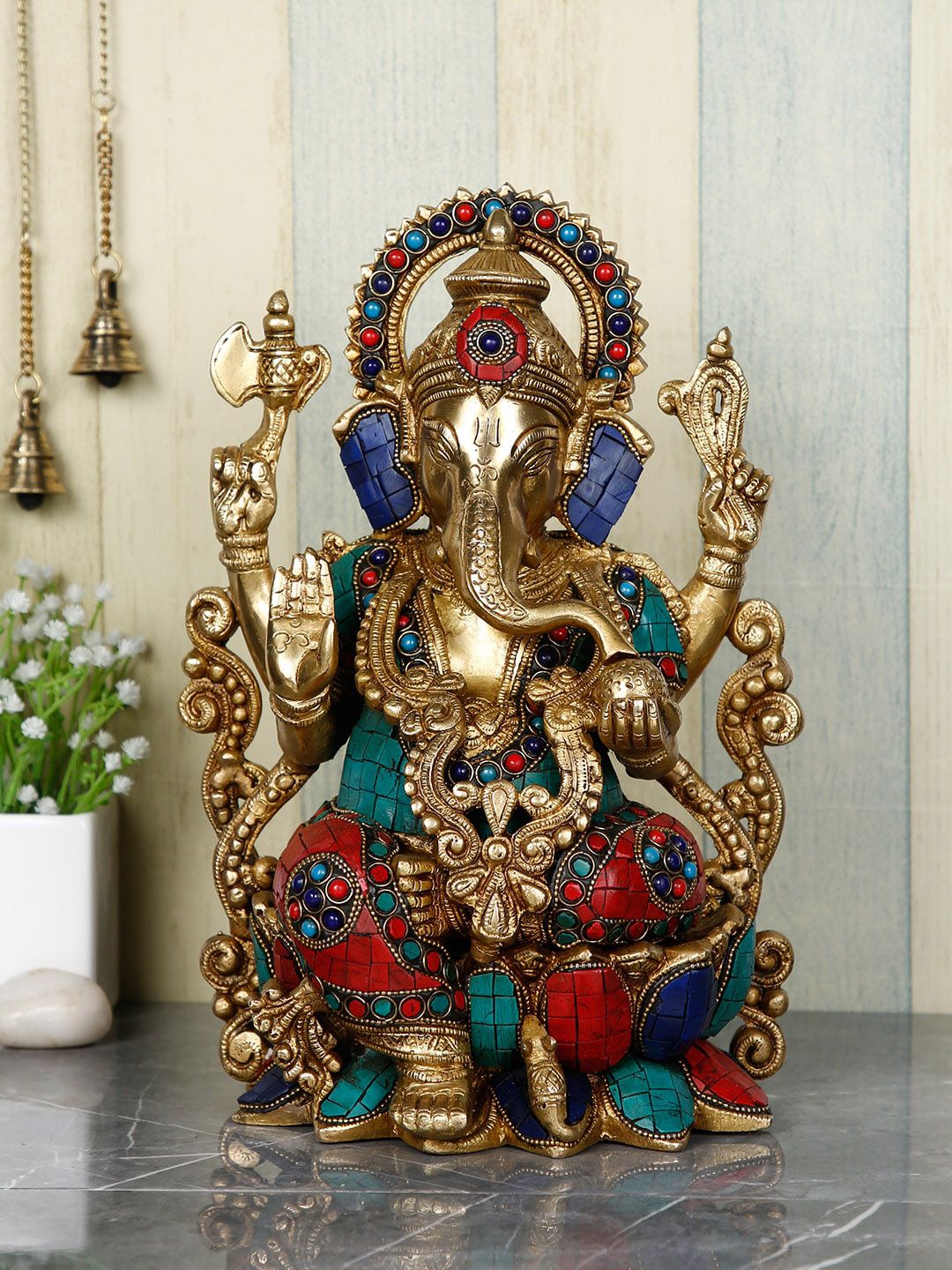 CraftVatika Golden & Red Textured Lotus Sitting Ganesh Brass Idol Showpiece-picture-48