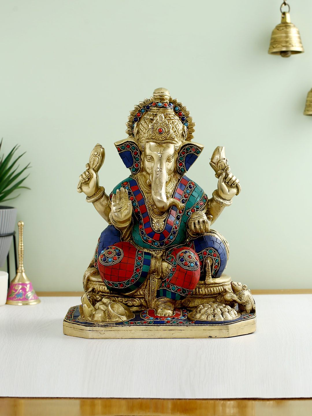 CraftVatika Golden & Red Ganesha Brass Idol Lord Ganesha Statue Showpieces-picture-42