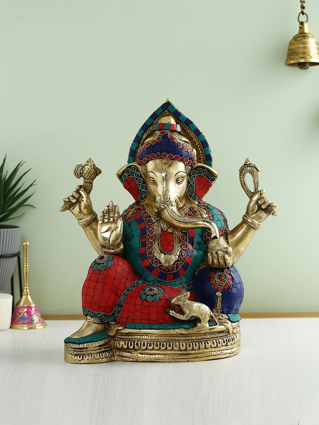 CraftVatika Red & Green Textured Ganesh Brass Idol Showpiece-picture-44