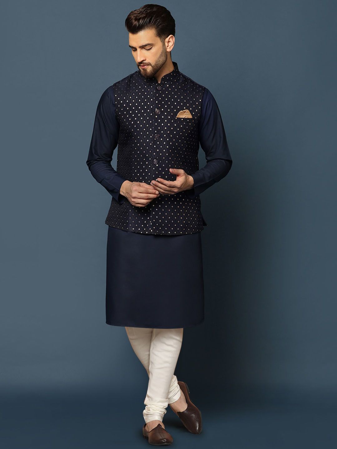 KISAH Mandarin Collar Straight Kurta Pyjamas With Nehru Jacket KISAH Mandarin Collar Straight Kurta Pyjamas With Nehru Jacket